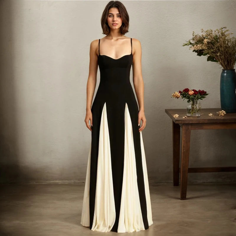Sexy Sleeveless Women's Slip Dresses Elegant Contrast Color Spaghetti Straps Backless Long Dress Fashion Luxury Party Vestidos