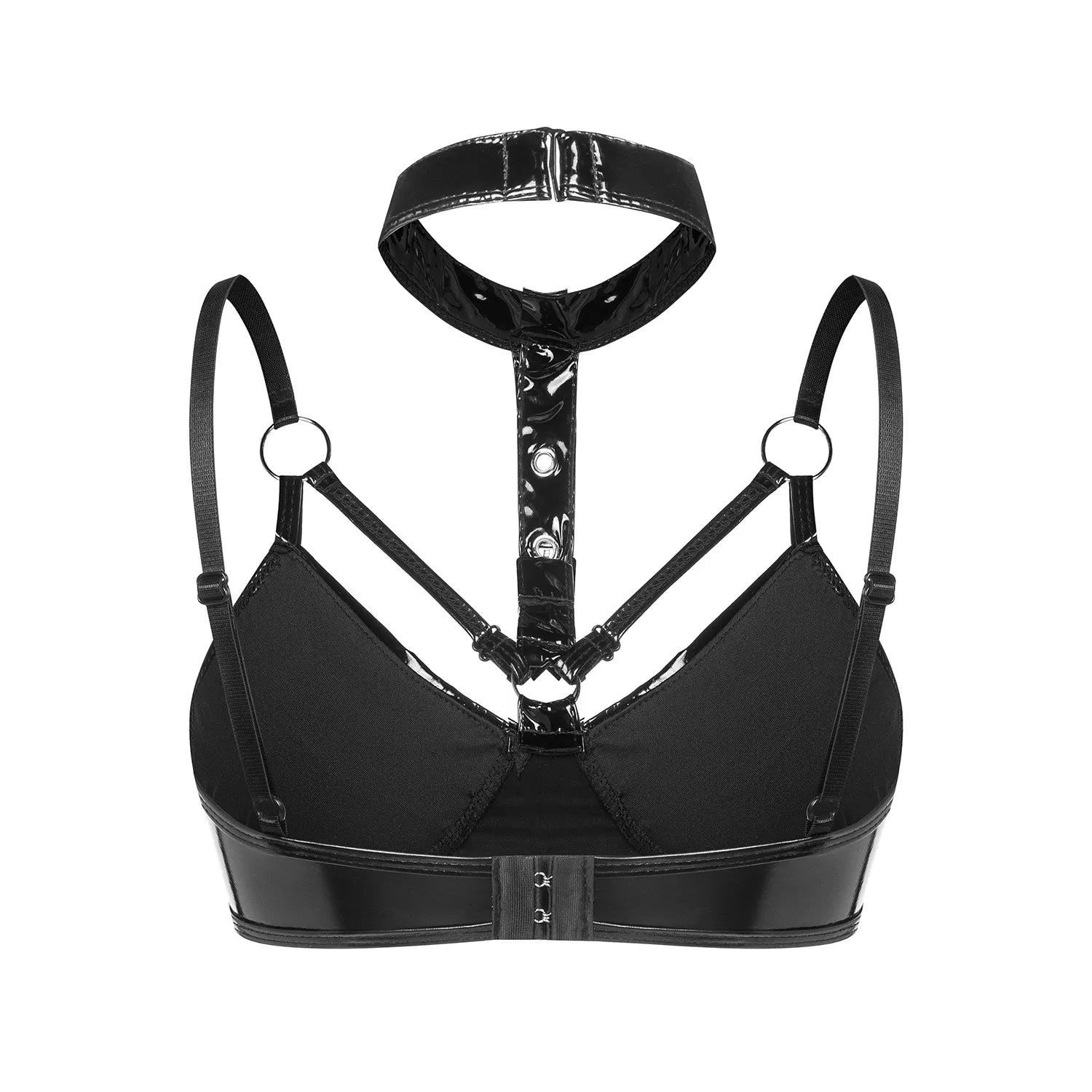 Women's Sexy Halter Backless Bra Lingerie Wire-Free Unlined Bralette Vest Wet Look Patent Leather Hollow out Bustier Top