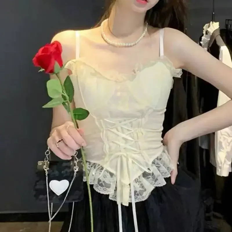 Sexy Lace Corset Crop Top Women Sleeveless Bandage Camisole Fashion Sling Tank Top Streetwear Blouse