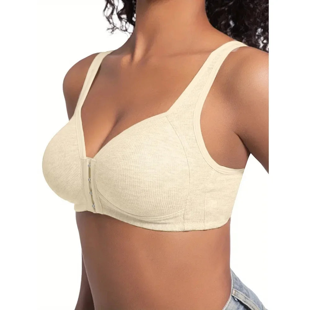 Women's Bra Wire-Free Front Closure Solid Color Full Coverage 3D Cups More Considerate for Middle-Aged And Elderly Individual