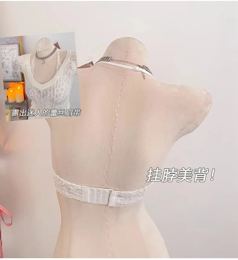 Lace Halter Backless Bra Push Up Small Bust Sexy Pure Desire Back Beauty Women Young Girl Fashion Intimates Underwear New Trend