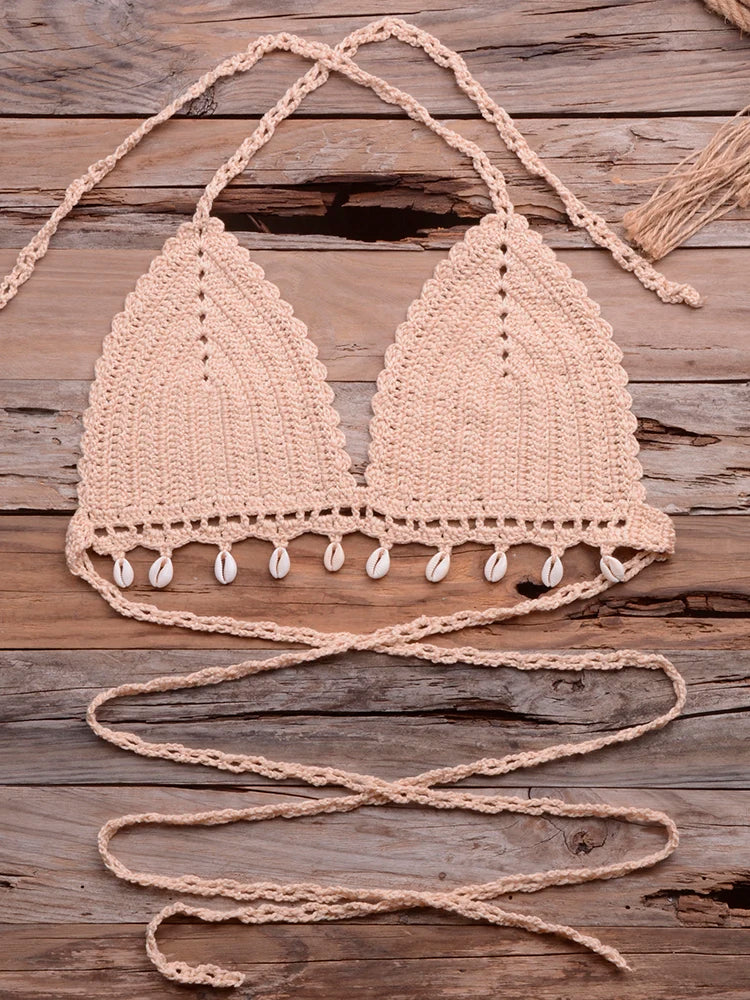 Knitted Bra Top Bikini Set Womens Swimsuit Handemade Crochet Bikini Cover Up Tassel Beach Long Wrap Skirt Sarong Immadman 7004