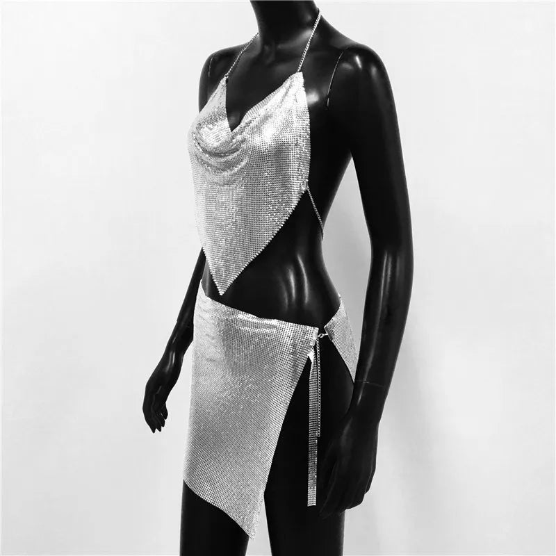 Sexy Metal Sequins 2 Piece Set Women Sleeveless Deep V Neck Backless Halter Tank Tops Split Mini Skirts Beach Party Outfits
