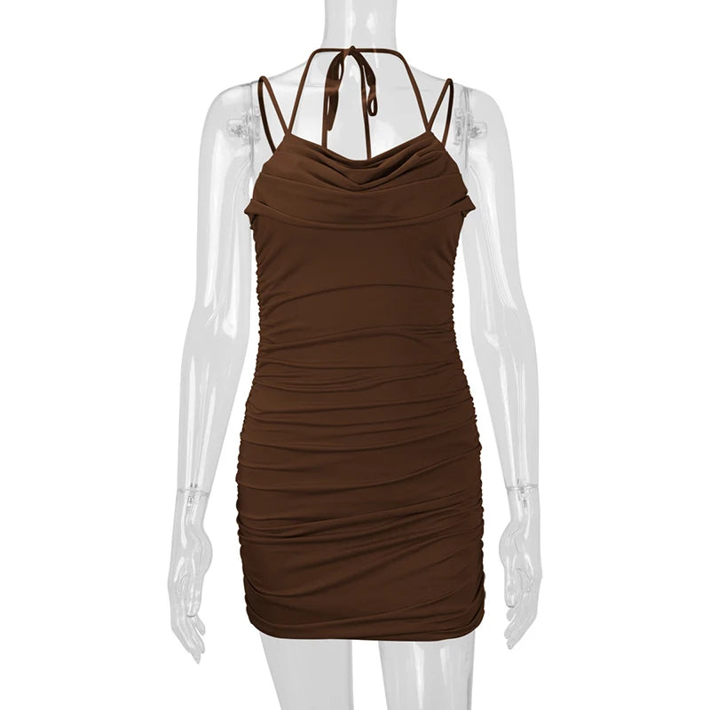 American Sexy Slip Dress Women Pleated Ruffled Neckline Slim Fashion Camisole Dress Solid Summer Vacation Party Mini Vestidos