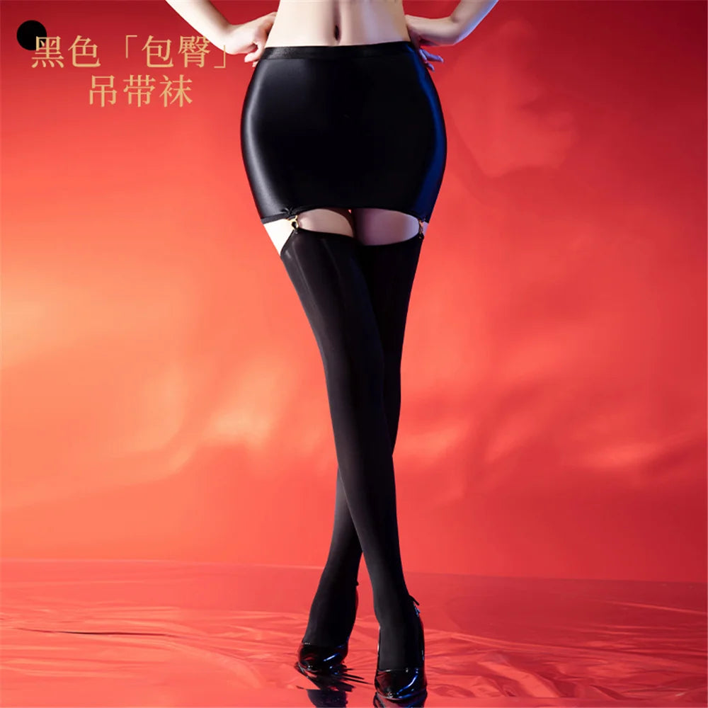 Sexy Women Elastic Tight Pencil Skirt Oil Glossy Shiny Micro Mini Packet Hip Skirts Cosplay Maid Wear With Garters Stockings