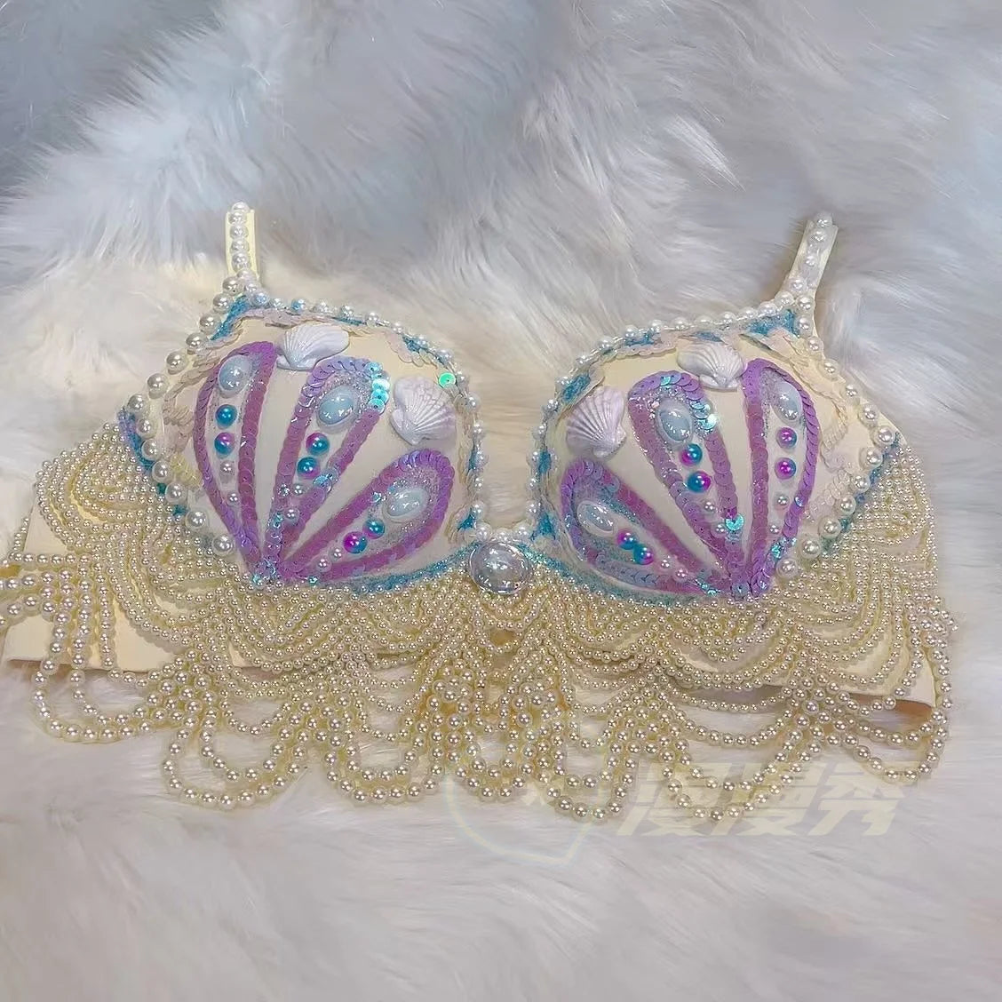 customized sparkling iridescent sequin shell bra pearl chain tassel pool party bra beach vacation pearl jacket belly dance bras