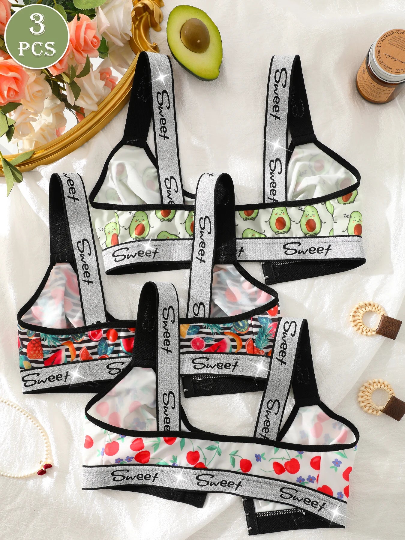 3 Pack Women's Wireless Bra, Mixed Fruit Print Front Closure Shiny Trim Comfort Bralette