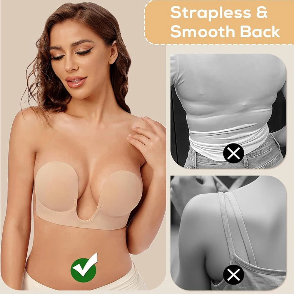 Strapless Push Up Bras Deep Plunge U Shape Non Slip Seamless Bra Backless Adhesive Invisible Lift Underwear