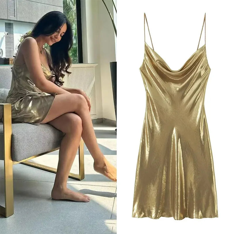 MUJER Slip Dress Women Glitter Backless Short Dresses for Women 2025 Sexy Gold Silver Dress Prom Gala Party Mini Dresses Woman