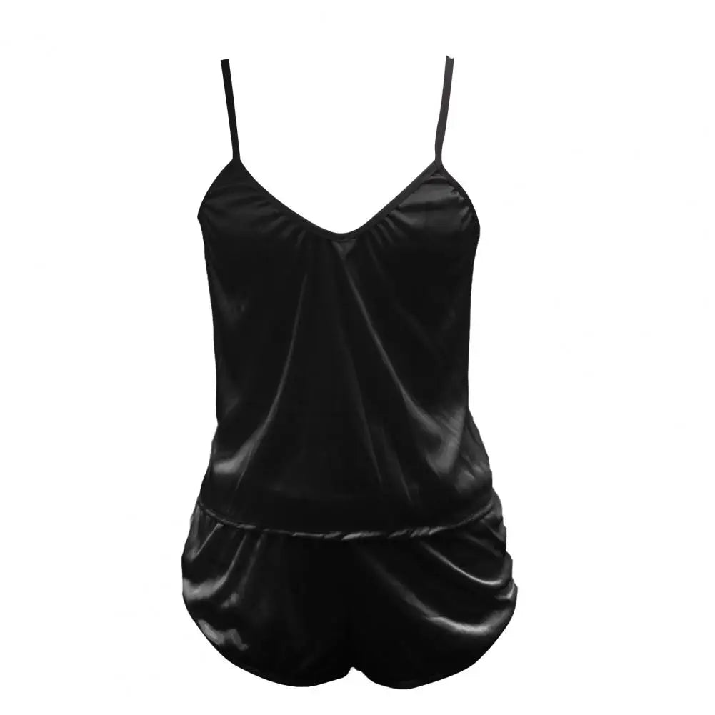 1 Set Simple Pajama Set  Spaghetti Straps Ladies Vest Shorts  Off Shoulder Low Cut Pajama Set