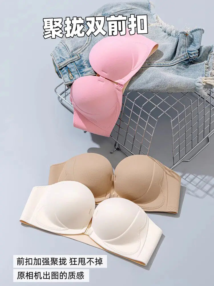 Strapless Bra  Sexy Front Fastening Non-Slip Invisible Backless Push-Up Bra Padded Add 2 Cups Lift Bralette for Wedding Party