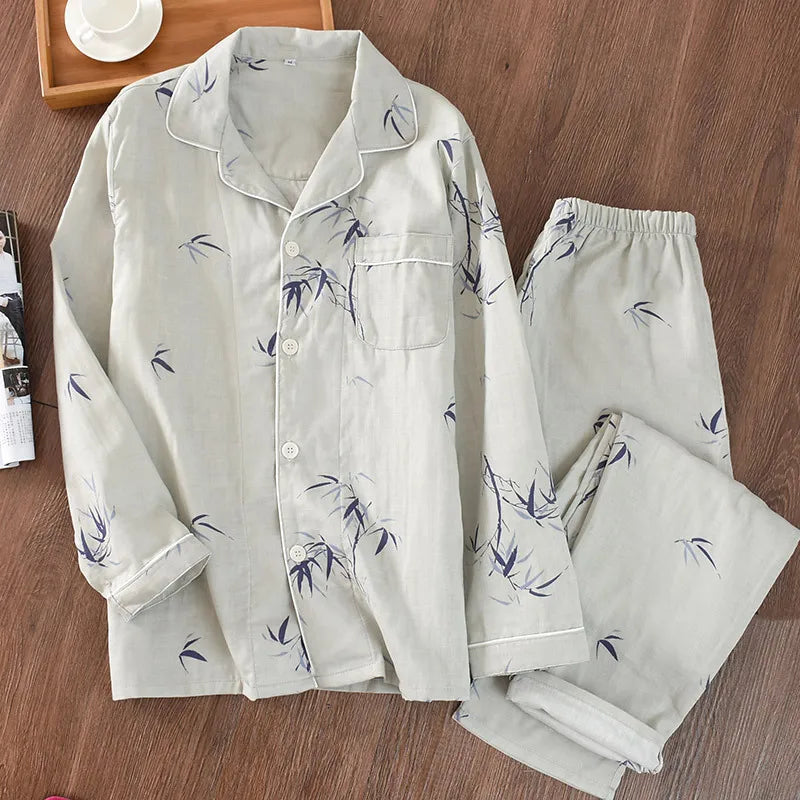 2026 Japanese New Men's Pajama Set Spring/Summer Checkered Simple Long sleeved Two Piece Set 100%Cotton Cardigan Home Furnishing