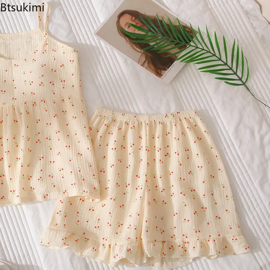 2026Women's Summer Cotton Sleepwear Sets Girl's Camisole Vest with Chest Cushion Shorts Cute Floral Two-piece Home Suit Set 2PCS