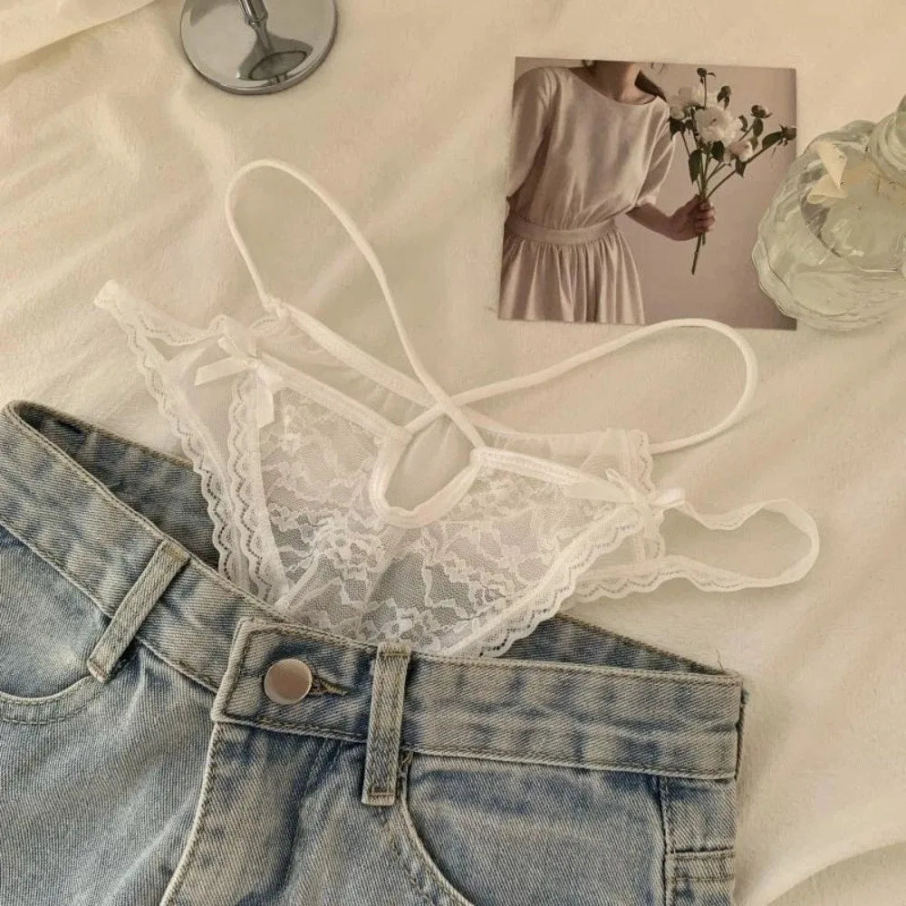 Lingerie Bow Lace Flower Panties Low Waist Hollow French Style Briefs Transparent Thin Strap Lace Mesh Briefs Gifts