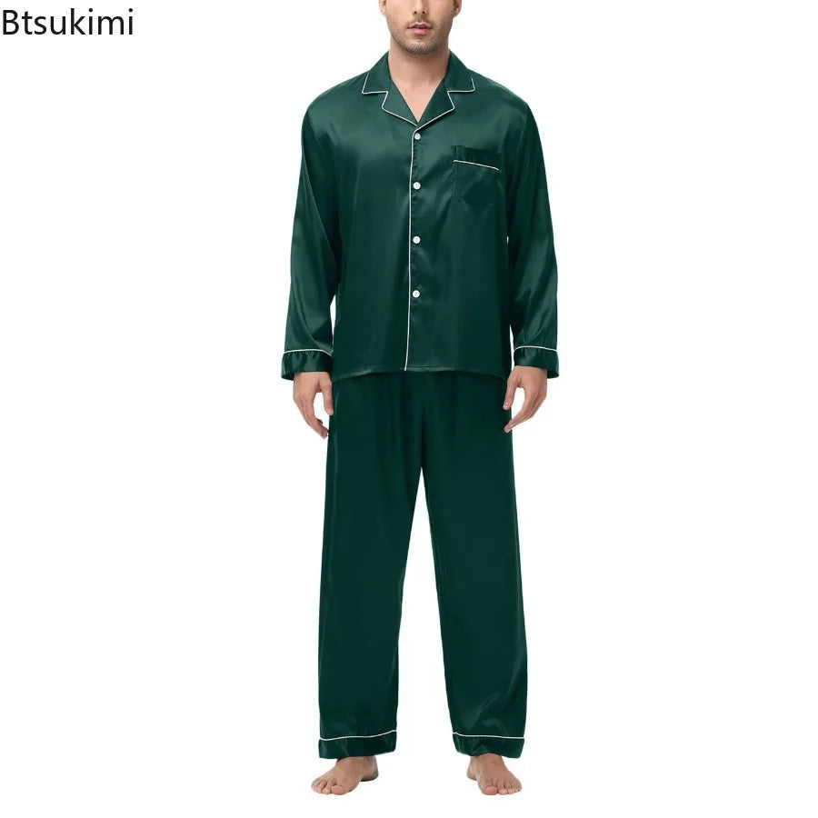 Men Pajamas Set Silk Satin Sleepwear for Man Shirt Long Sleeve Pijama Male Fashion Soft Loungewear S-2XL Size Spring Nightwear
