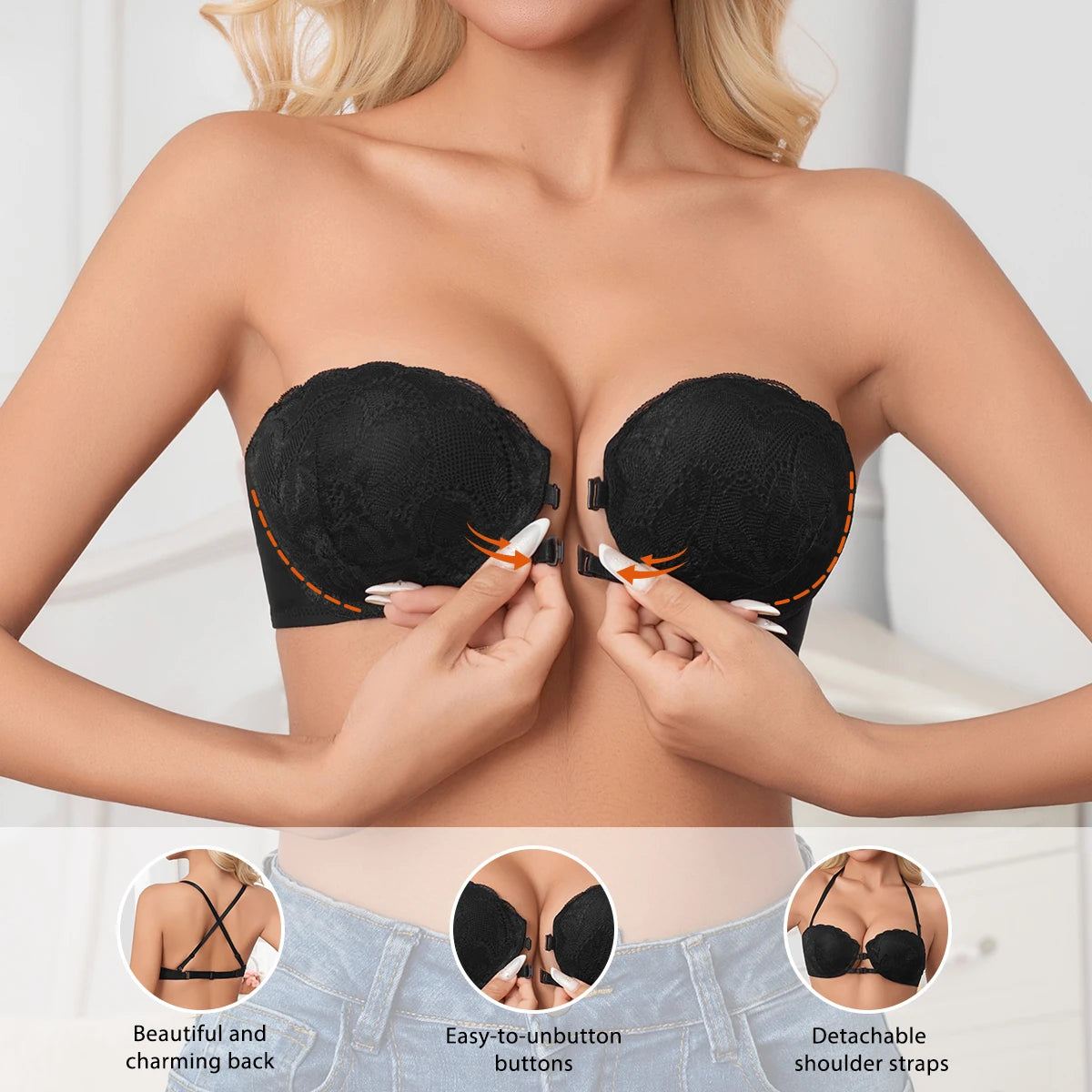 1pcs Multiway Lace Push-Up Bra for Women Convertible Straps Deep V Plunge Bra Removable Straps Sexy Lingerie for Low Cut Tops