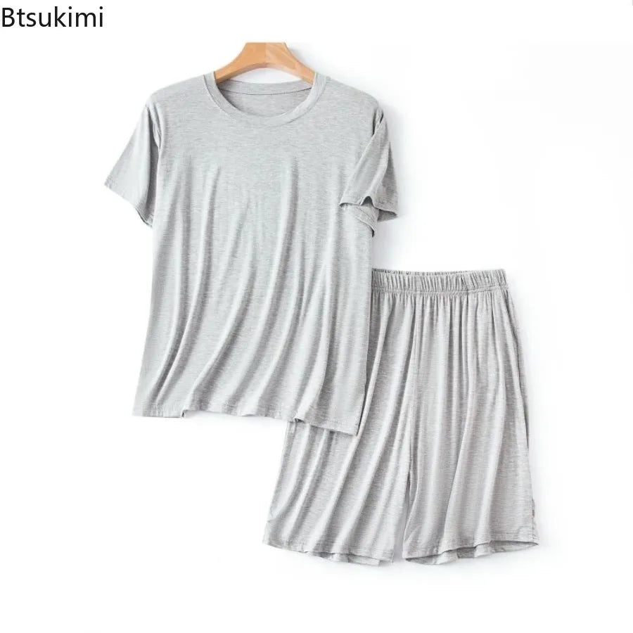 Modal Pajama Set Men's Round Neck Pajama Set for Summer Casual Wear Solid Color Loose Short Sleeved Shorts Two-piece Set Male