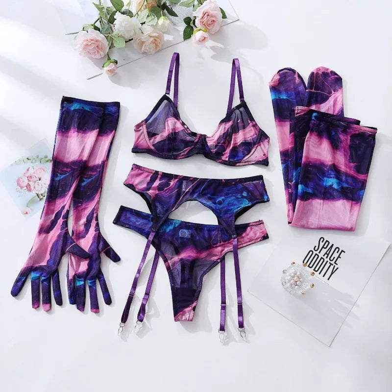 5 Pieces Lingerie Set Women Nightwear tie-dye Printed Halloween Underwear Bras Panties Golves Stocking Erotic Laungerie Set