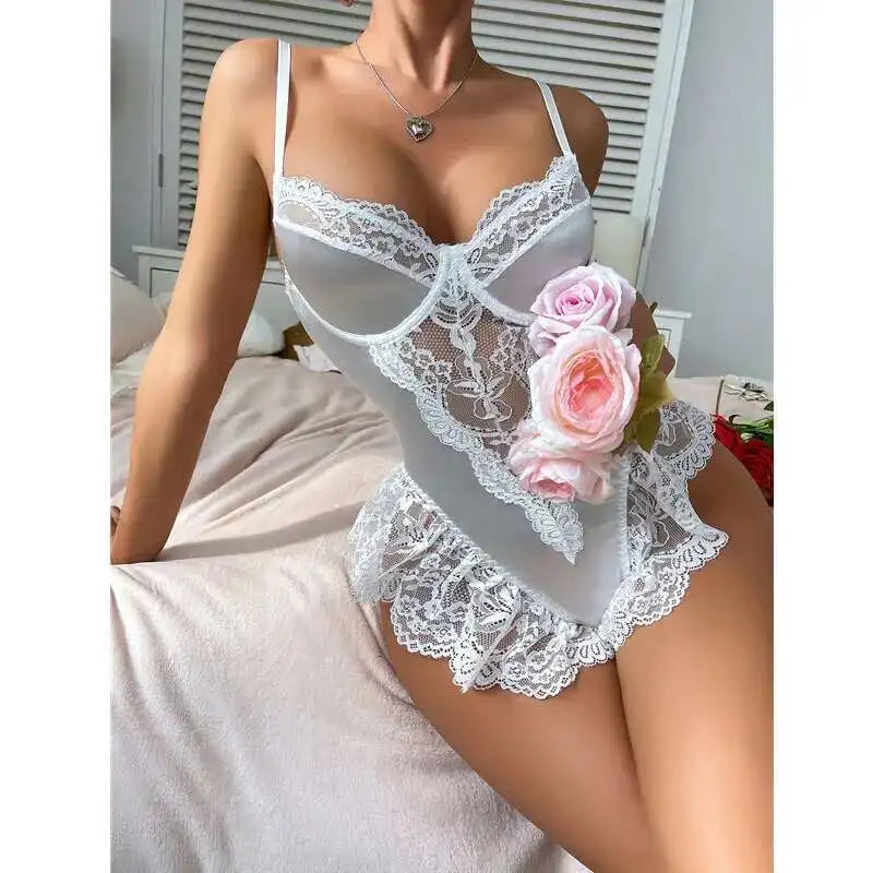 Purple Exotic Apparel Lace Sexy Lingerie Women Hollow Jumpsuits Splice Bodysuit Adult Shaper Onesie Couple Sex Game Clothes DO8S