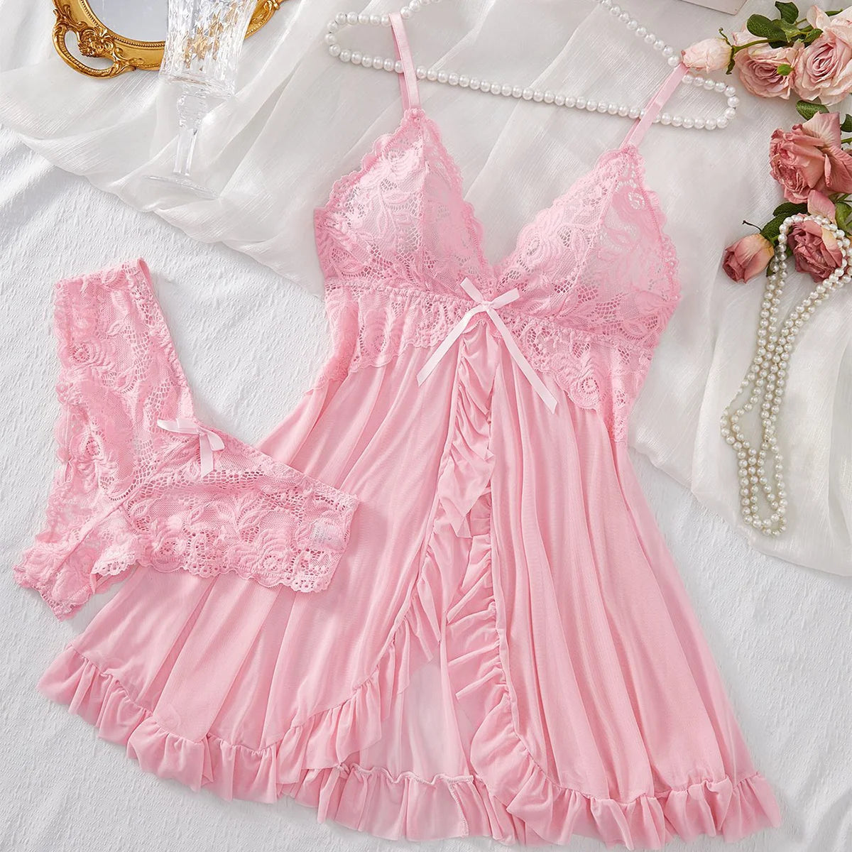 Sexy Lingerie Sleep Dress Women Nightdress Lace Sleepwear Solid Slim Soft V Neck Full Slip Dresses & Panties Set