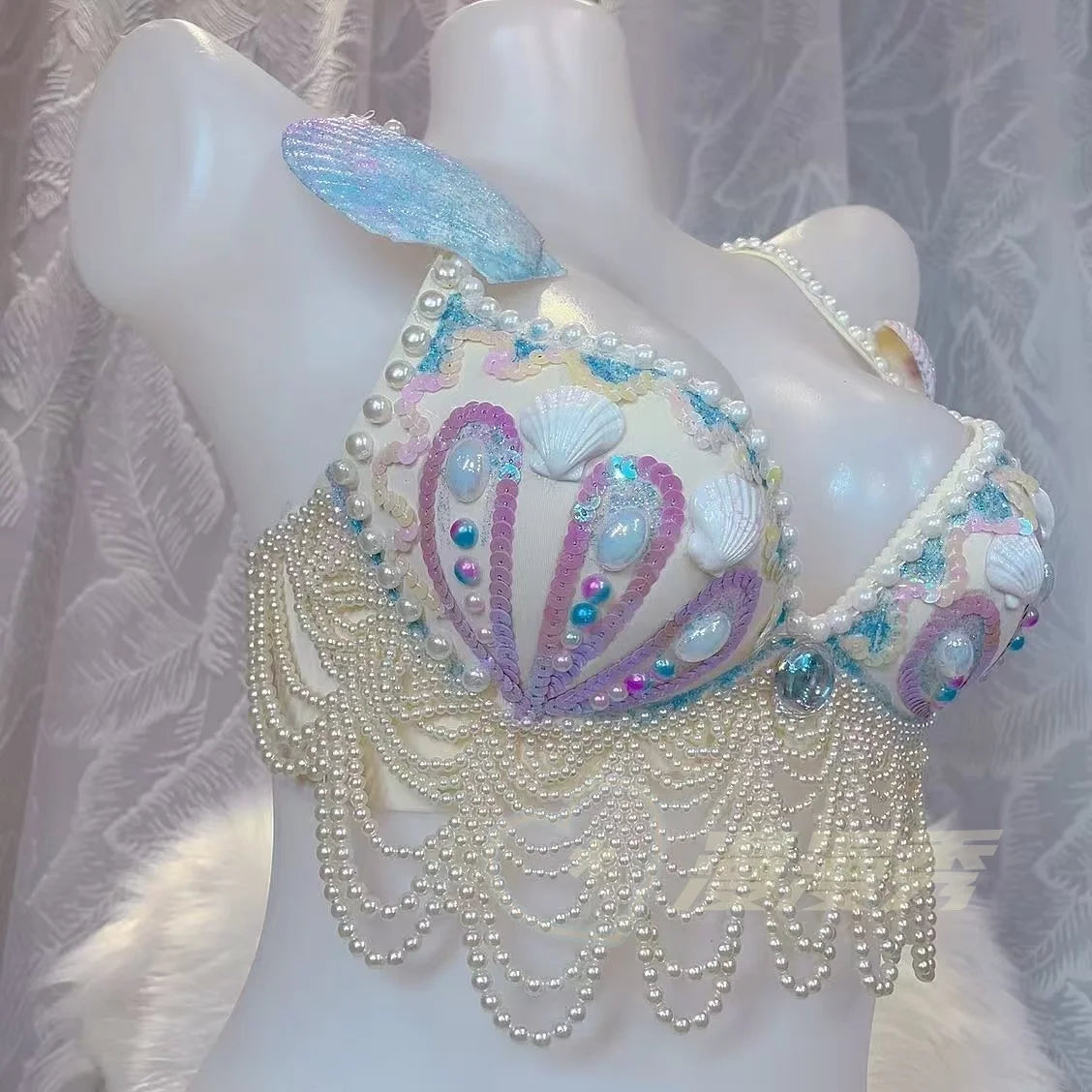 customized sparkling iridescent sequin shell bra pearl chain tassel pool party bra beach vacation pearl jacket belly dance bras