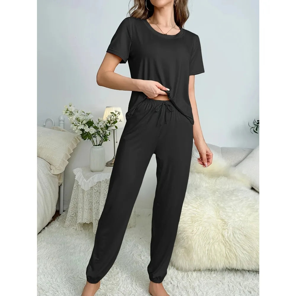 Women's Pajamas Set Solid Color Short Sleeve O Neck T-Shirt+Trousers 2 Pieces Suit Sleepwear Soft Loose Pijama Female Loungewear