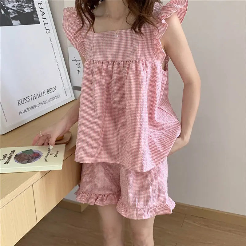 Pajama Sets Women Chic Square Collar Sweet Sleeveless All-match Home Plaid Cozy Sleepwear Korean Style Casual Summer Loose New