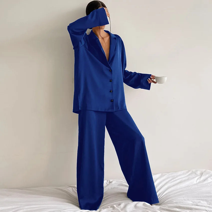 Two Pieces Women Pajama Sets Single Breasted Blouses Lounge Full Sleeve Spliced Straight Pants Casual Solid Lady Sleepwear