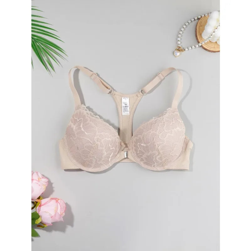 Lightly padded, underwired lace push-up bra with front closure and beautiful back design