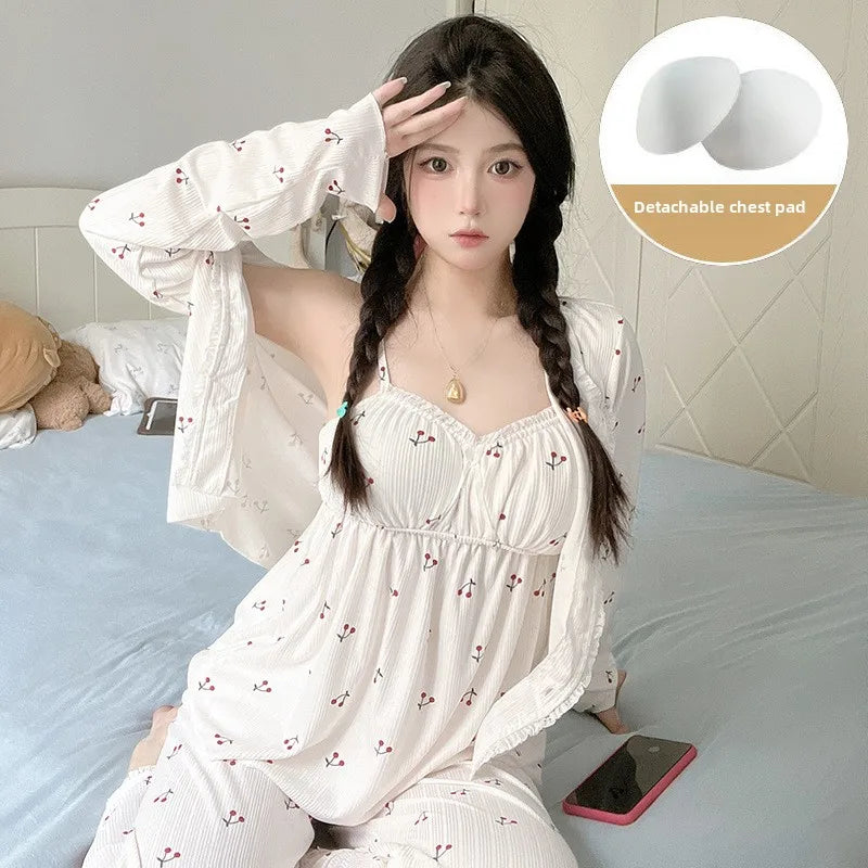 Pajama Three-Piece Set with Chest Pads Loungewear Sexy Long Sleeve Trousers Set Plus Size Nightwear Women Sling Sleepwear