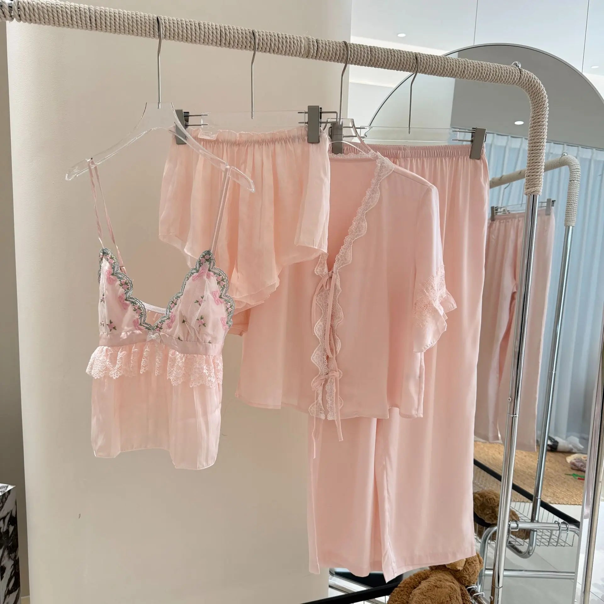 2025 Summer New Pajamas Lingerie Set Sexy Sweet Lace Trim Cami Shorts Shirt Pants Rayon Home Clothes Loungewear Nightwear