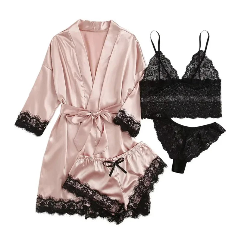 4PCS Satin Pajama Set with Robe - Lace Trim Cami Top & Shorts, The Viral Must-Have Elegant Loungewear for Women's Sleepwear