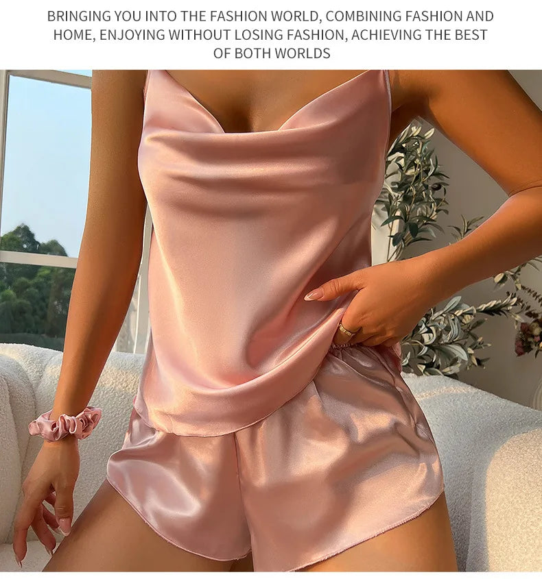 New 2026 Women’s Silk Satin Pajama Set Sexy Lingerie Sleeveless Camisole Tanks with Elastic Waist Sleepwear Loungewear Underwear
