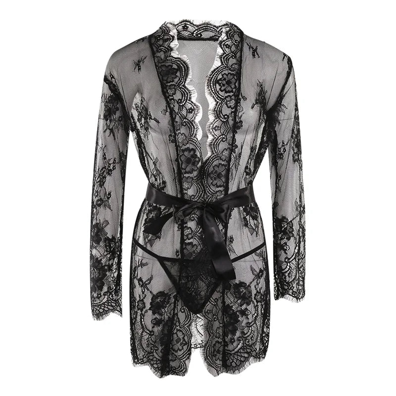 Porno Women Sexy Lingerie Dress Transparent V-Neck Nightwear Lace Babydoll Erotic Sleepwear Robe G-string Sex Costume