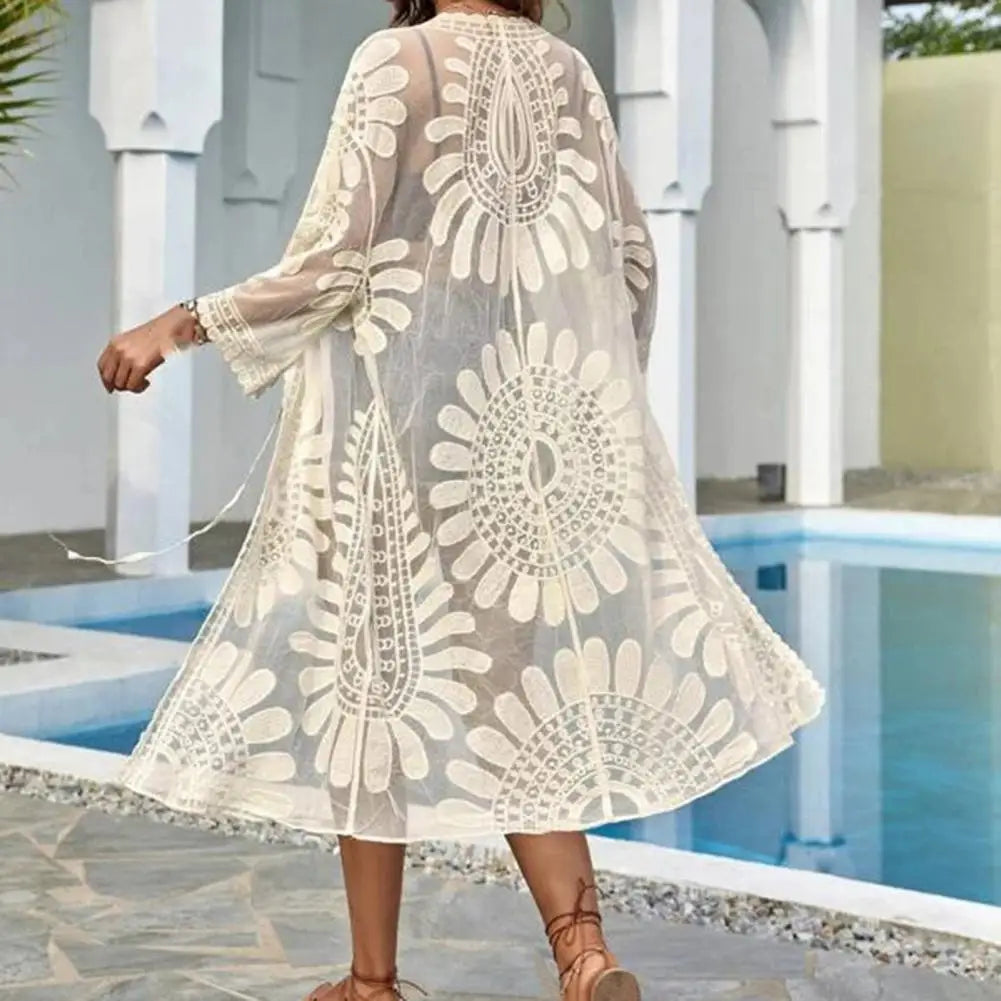 Flower Lace Cover-ups Beachwear White Cardigan Beach Cover Ups for Swimwear Women Bath Exits Outfits Solid Knitted Wear Coverup