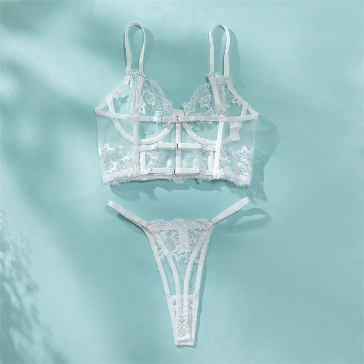 Sexy Lingerie for Women Floral Embroidered Fishbone Bra Set French Ultra Thin Corset Top Intimate 2 pcs Sheer Mesh Lingerie Set