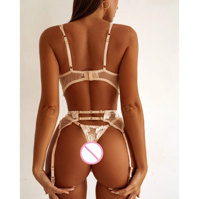 Sissy Sexy Lingerie Sets Exquisite Floral Embroidery 3 Pieces Set Beautiful Erotic Underwear Sheer Mesh Bra Panties Garters Belt