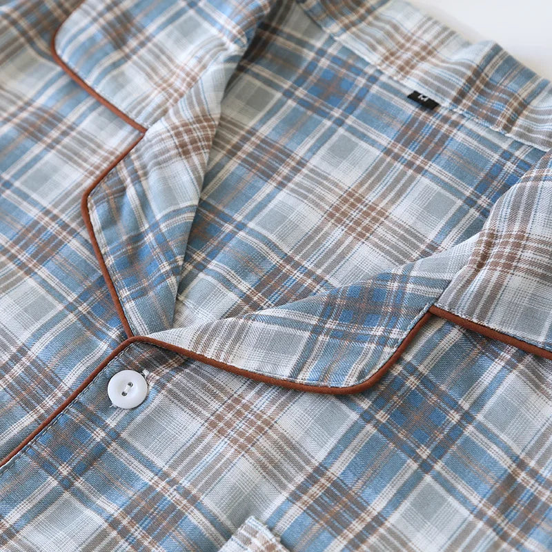 2026 Japanese New Men's Pajama Set Spring/Summer Checkered Simple Long sleeved Two Piece Set 100%Cotton Cardigan Home Furnishing
