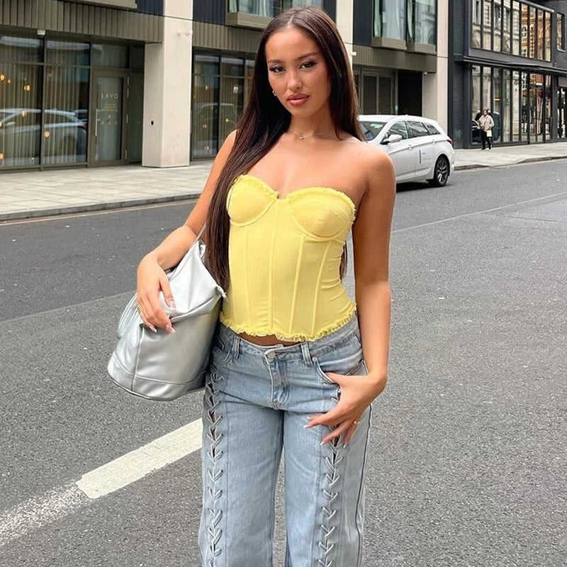 Women Sheer Lingerie Streetwear Lace-up Bustier Corset Tops Slim Backless y2k Tank Top Strapless Striped Sheath Sexy Camisole