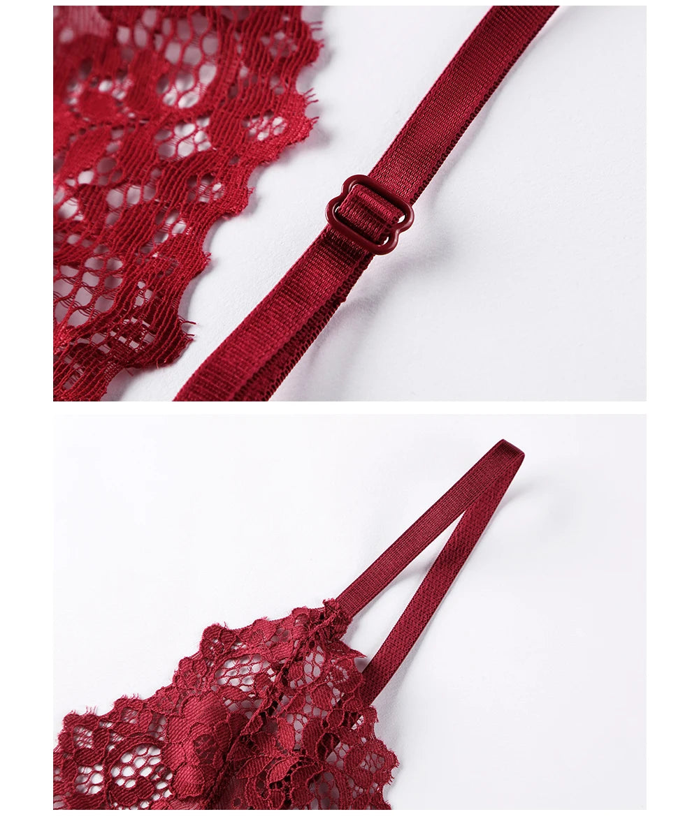 Plus Size Romantic Full Lace Bralette for Women Sexy French Style Sheer Wireless Bra Ultra Thin Hollow Out Demi Cup Brassiere