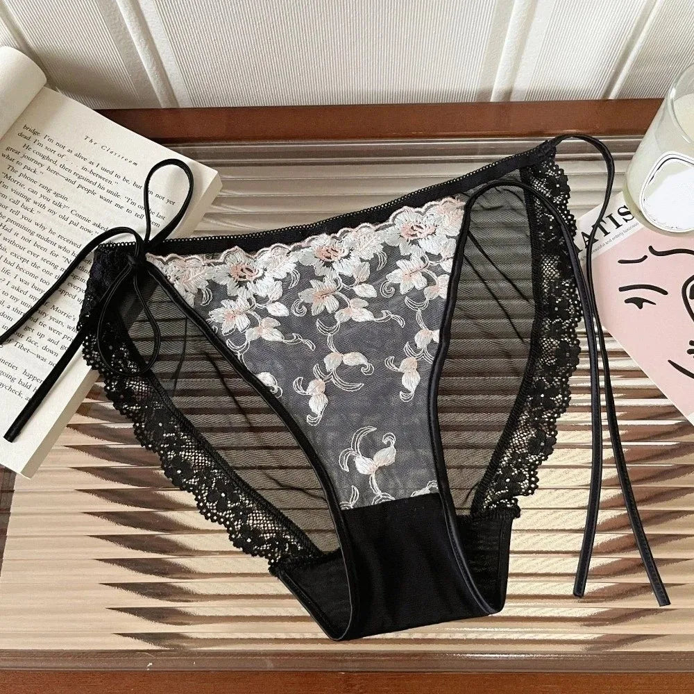 Lingerie Low Waist Embroidery Flower Panties Transparent Sweet Underwear for Women Cotton Crotch Lace-up Underwear Girl