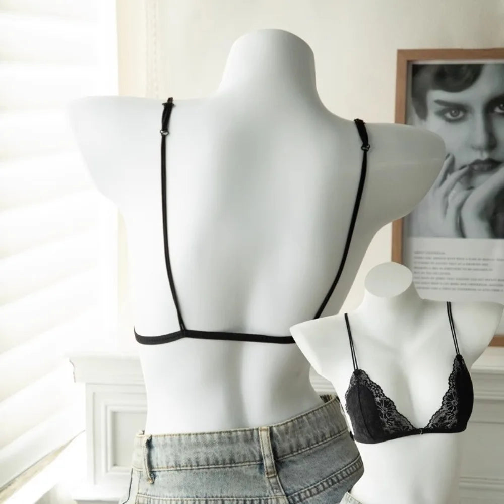 Ultra-thin Shoulder Strap Lace Wireless V Bra Shockproof Front Button Lingerie Brassiere for Women Seamless Gathered Breasts