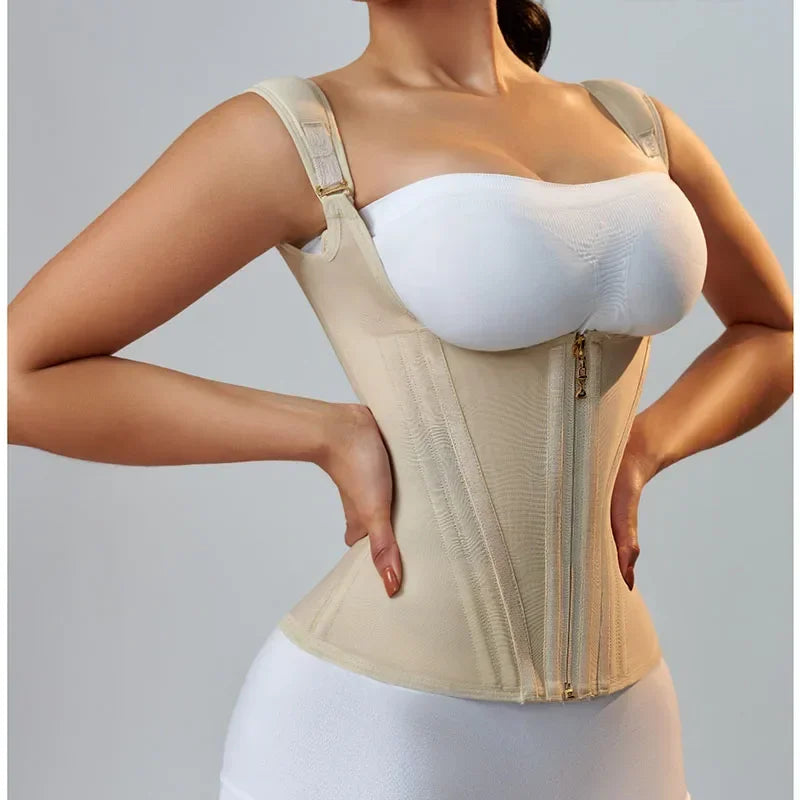 Shapewear Body Shaper Women Double Compression Waist Trainer Corset with Bone Adjustable Zipper and Hook-eyes Flat Belly