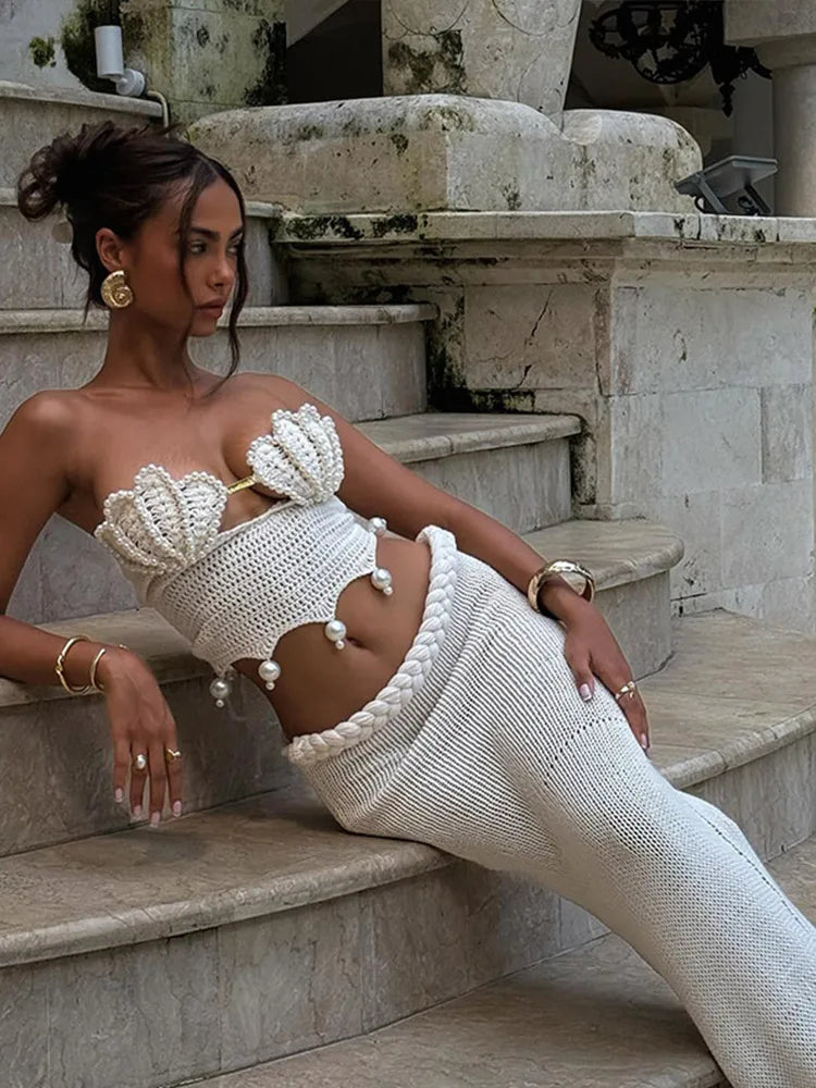 Sexy Crochet Hollow Out Pearl Skirt Set Women White Crop Bikini Tops Slim Hip Package Skirts 2026 Spring Lady Beach Outfits New
