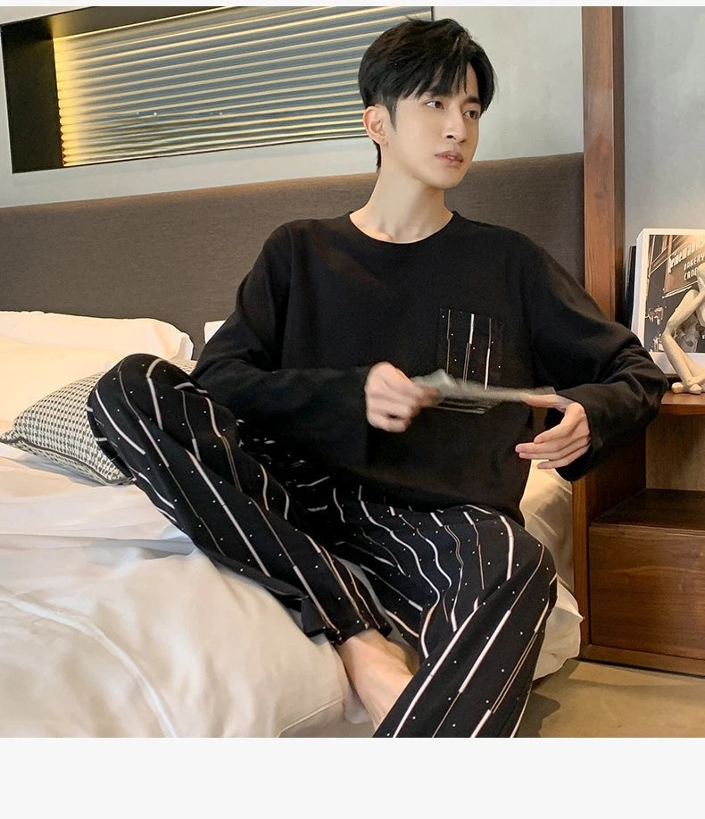 Men‘s Pajama Set Long Sleeve Black Striped Fall and Winter Youth Student Nightwear Loungewear Two Piece Set Sleepwear Homewear