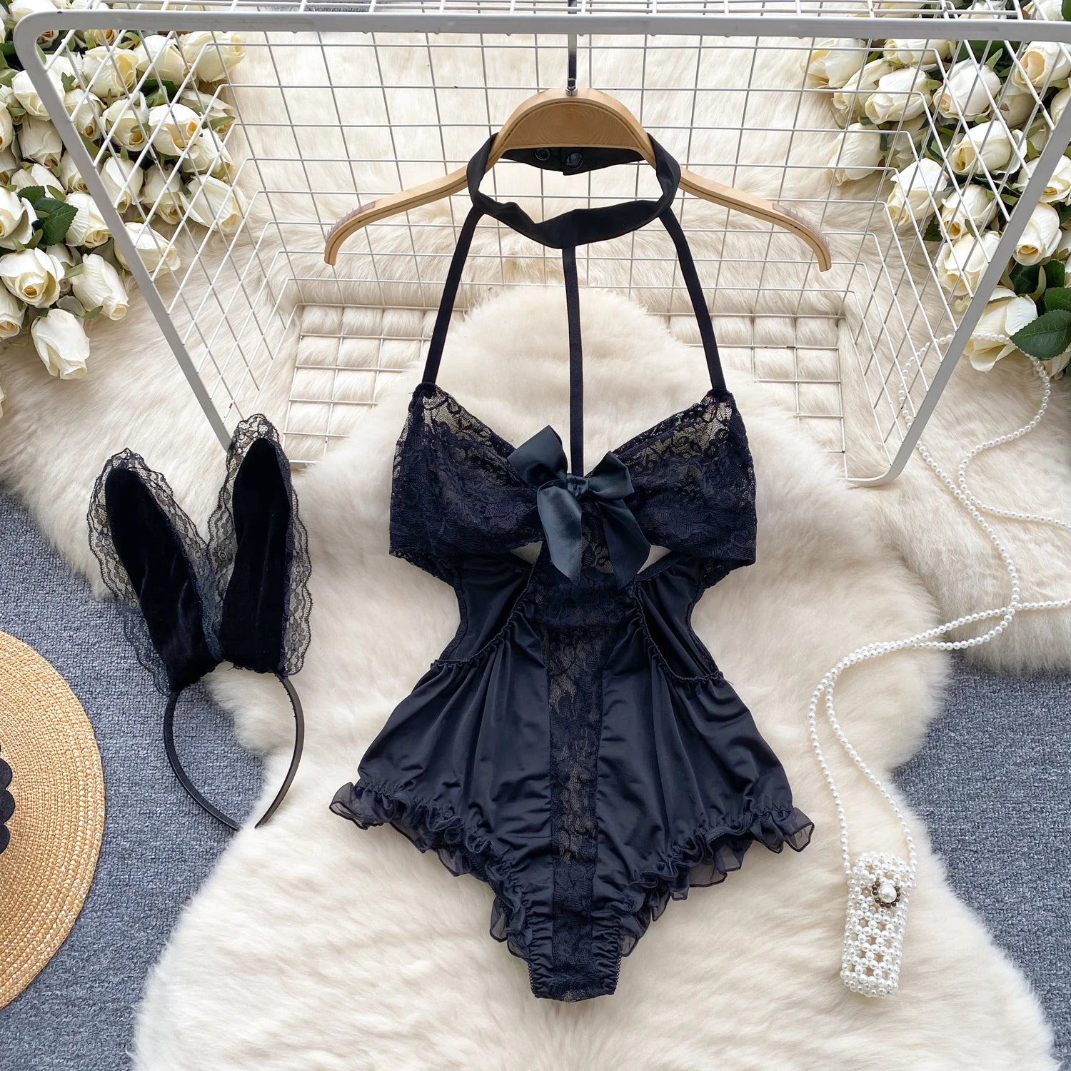 Backless Hotsweet Bow Lingerie For Women See Through Mesh Sexy Bunny Costume Lingerie Bodysuit 4 Piece Jumpsuit Spot Lace Cospla