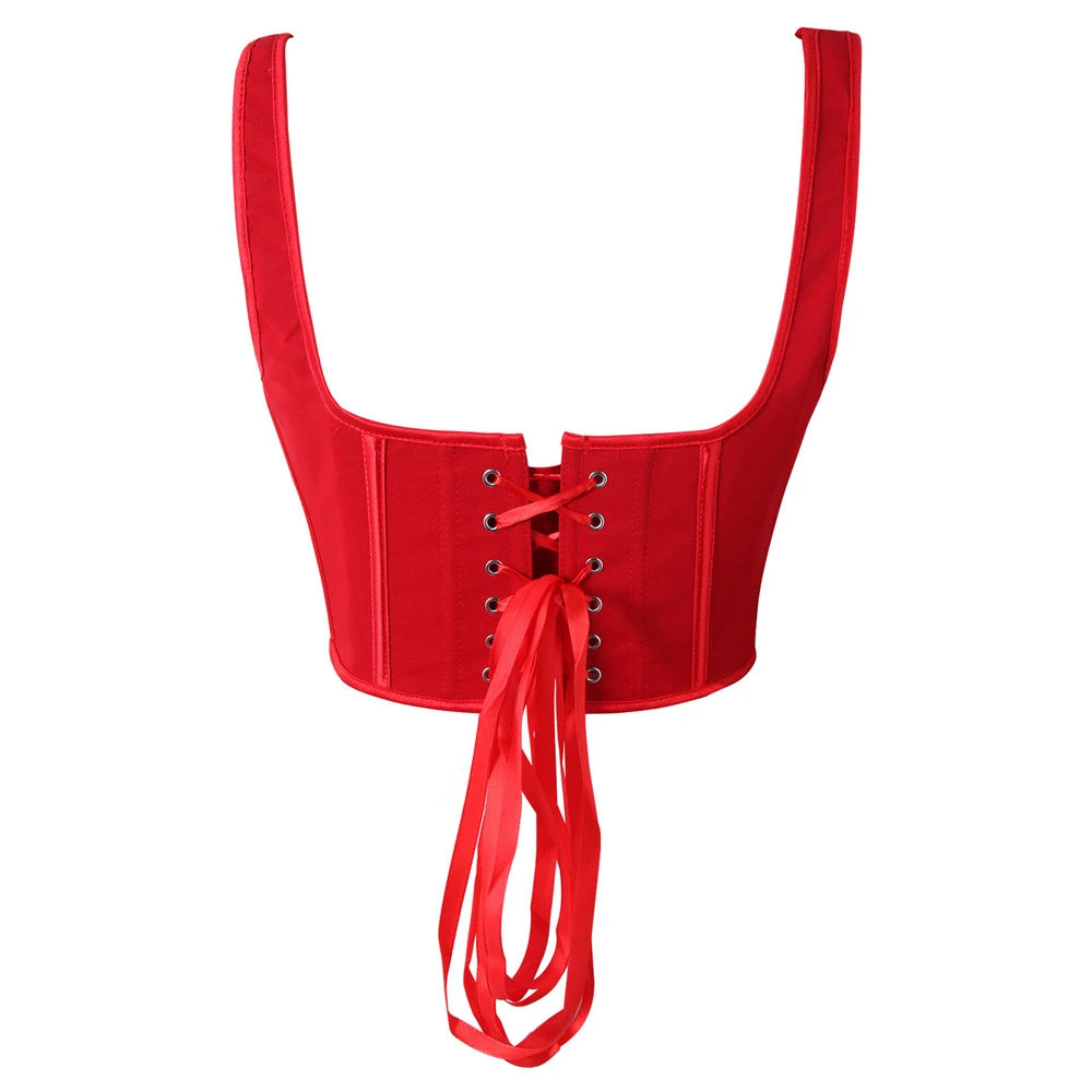 Sexy Women Corset Tank Top Elegant Red Shoulder Strap Bustier Crop Tops Camis Vintage Gothic Lace up Korsett Corselet Lingerie