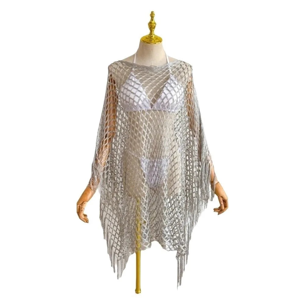 Fashion Tassel Sunscreen Cover-up Loose Fit Plus Size Bohemian Shawl Casual Crochet Fishnet Swimsuit Cover Up Summer