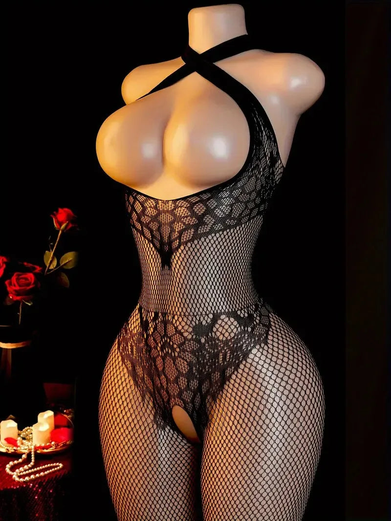 Sexy Fishnet Hollow Lingerie Sets Women Cross Legged Crotchless Bodystockings Sling Hanging Neck Open Bras Underwear Body Suits