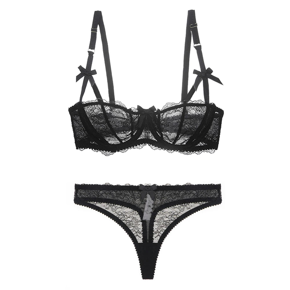 Varsbaby Women's Sexy Lace Transparent 1/2 Cup Lingerie Set Unlined Bras+Thongs Bra Set ABCD Cup